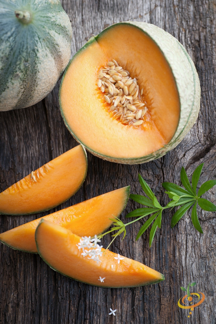 Hales Best Jumbo cantaloupe melon with bright orange flesh and seeds on wooden surface